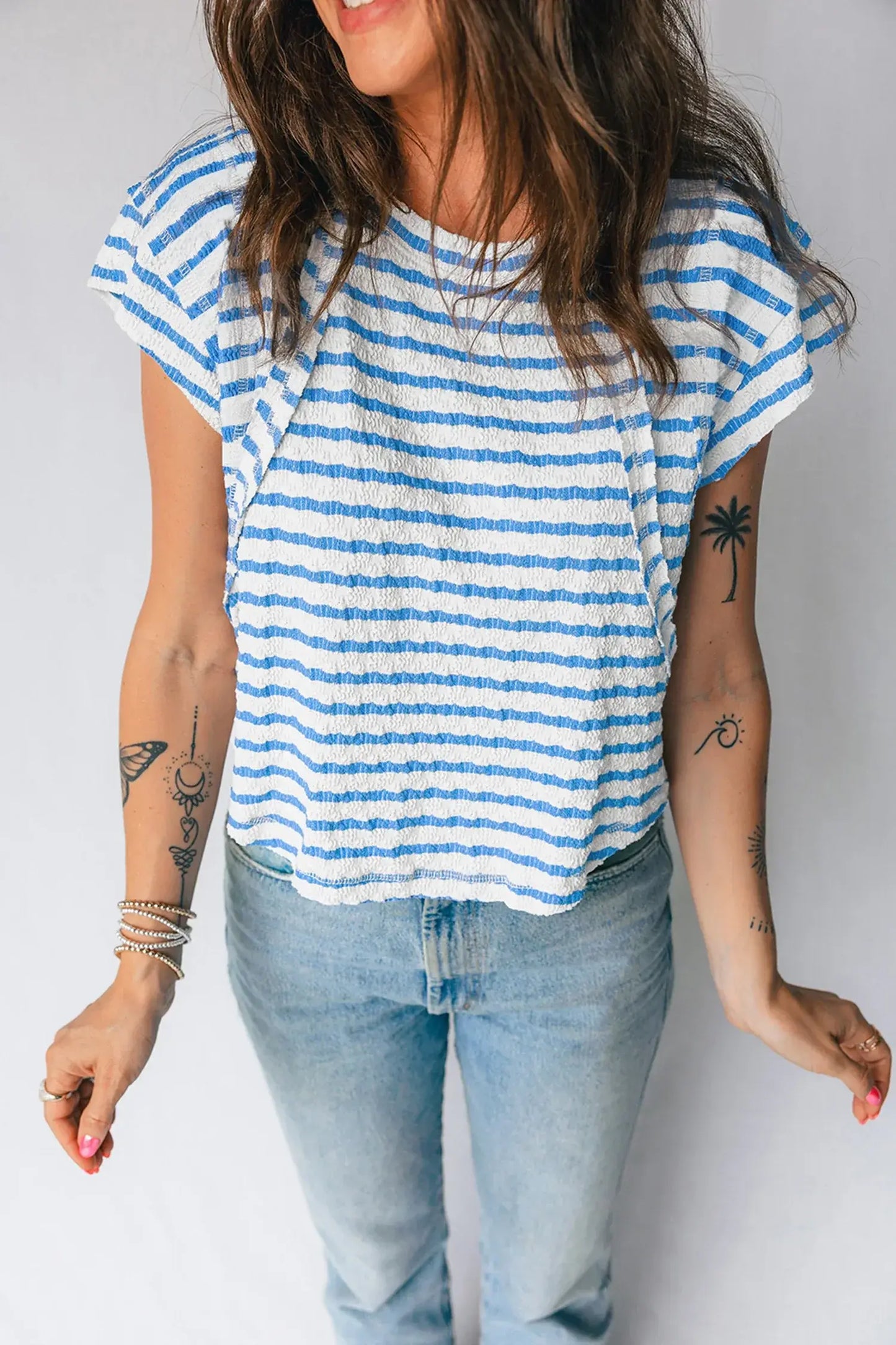 Blue Stripe Textured Short Sleeve Patchwork T Shirt - Sweet Fashion Wholesale