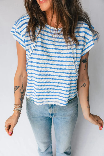 Blue Stripe Textured Short Sleeve Patchwork T Shirt - Sweet Fashion Wholesale