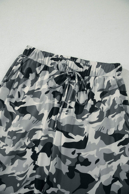 Green Camouflage Print Drawstring Casual Pants