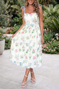 Pink Floral Print Contrast Trim Self-tie Straps High Waist Midi Dress