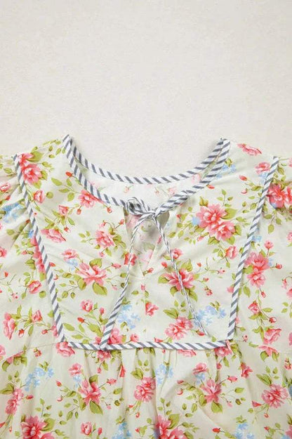Apricot Striped Edge 3/4 Puff Sleeve Floral Dress