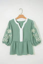 Smoke Green Color Block Patchwork V Neck Embroidered Puff Sleeve Babydoll Blouse