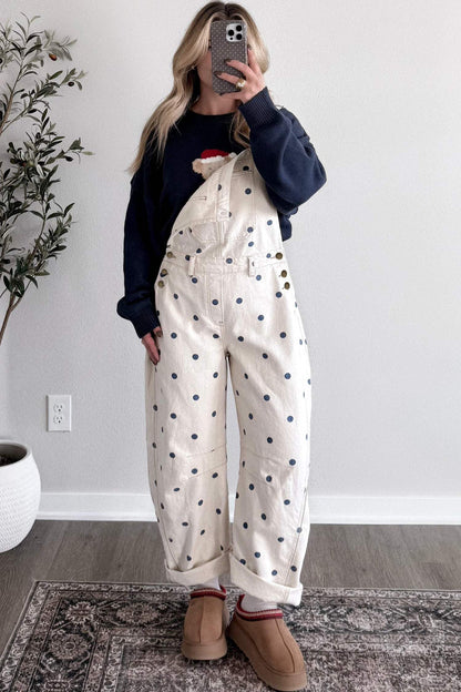 Light French Beige Polka Dot Print Bib Pocket Denim Barrel Overalls Jumpsuit
