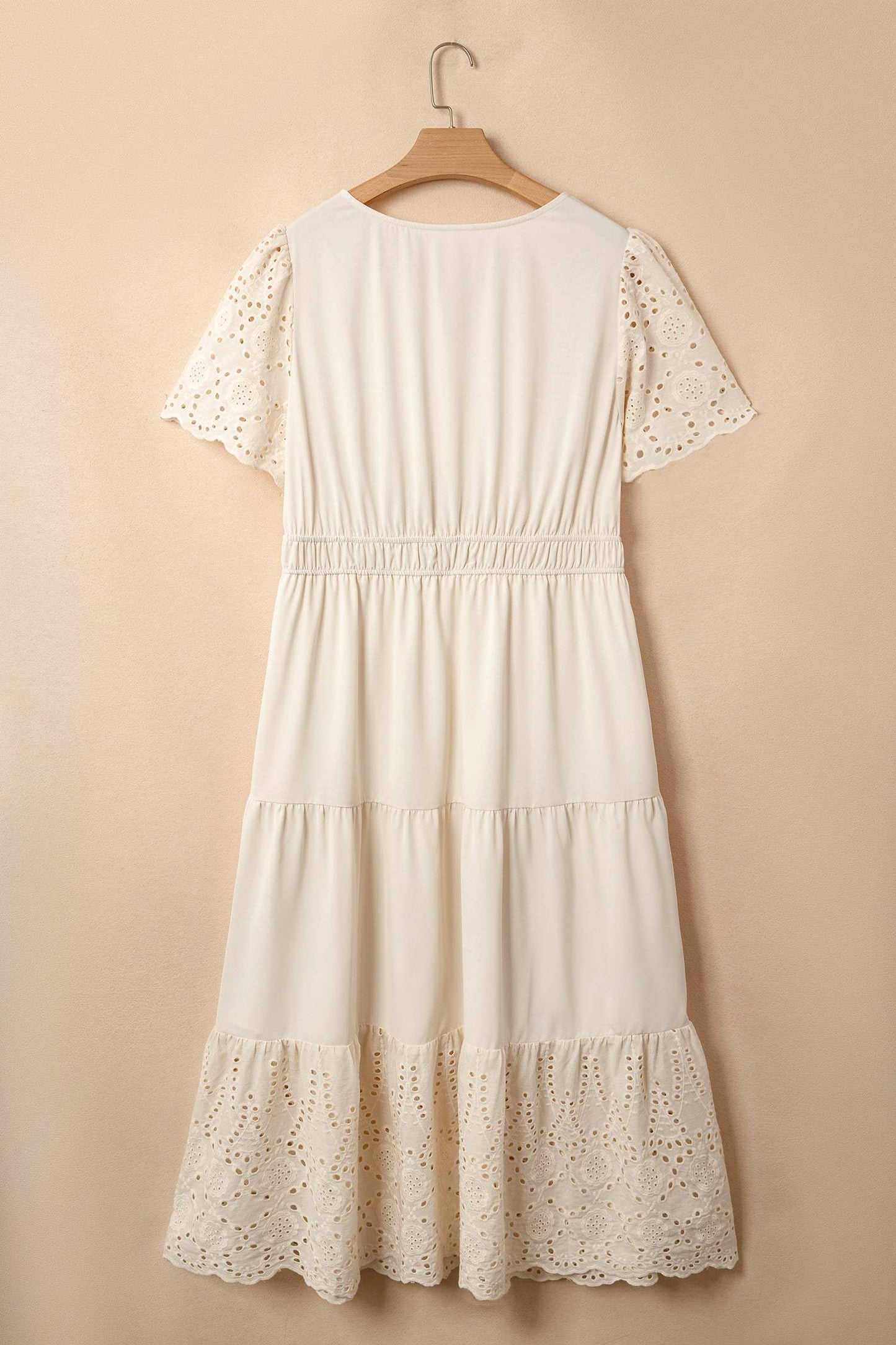 Apricot Plus Size V Neck Lacy Embroidery Patchwork Short Sleeve Maxi Dress