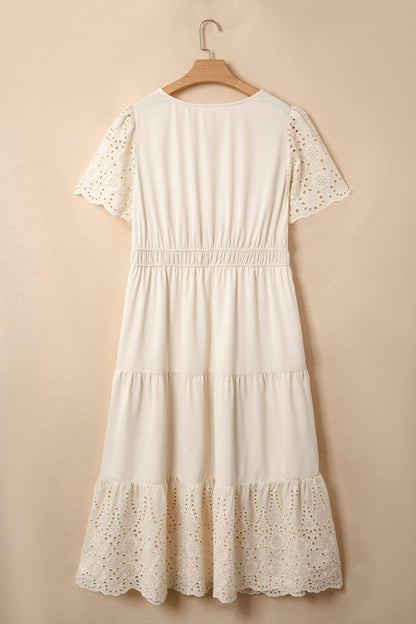 Apricot Plus Size V Neck Lacy Embroidery Patchwork Short Sleeve Maxi Dress