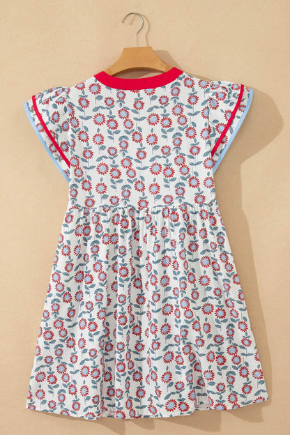 Sky Blue Floral Print Contrast Trim Flutter Sleeve Mini Dress