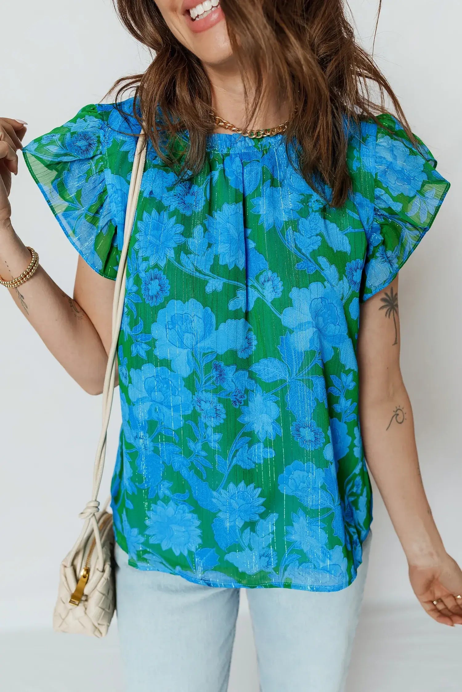 Green Floral Print Ruffled Sleeve Summer Blouse - Sweet Fashion Wholesale