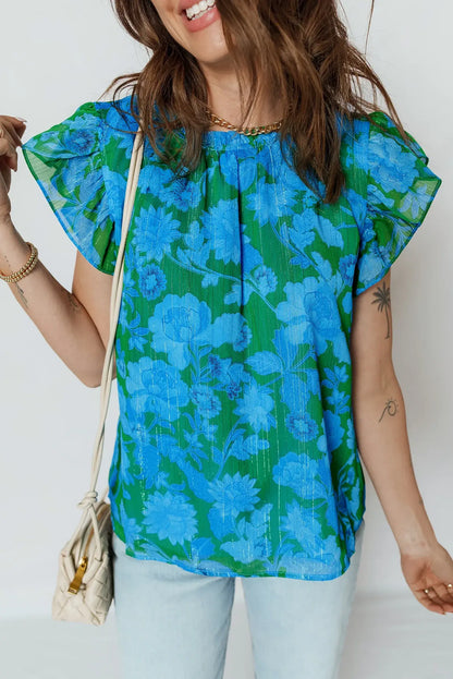 Green Floral Print Ruffled Sleeve Summer Blouse - Sweet Fashion Wholesale