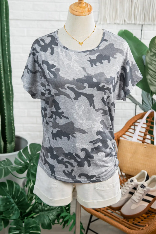 Gray Camouflage Print Round Neck T Shirt - Sweet Fashion Wholesale
