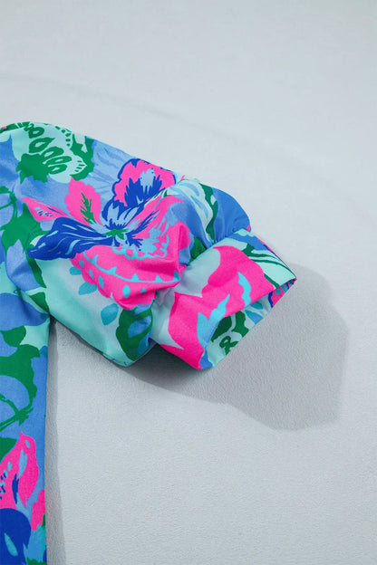Sky Blue Floral Print V Neck Half Sleeve Blouse - Sweet Fashion Wholesale