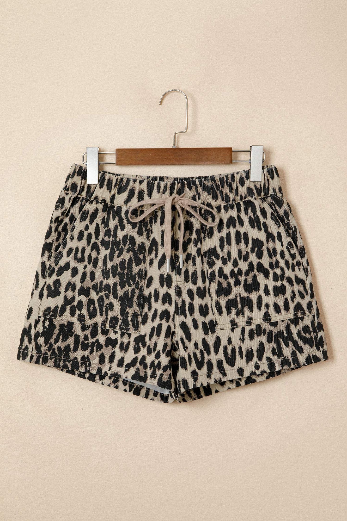 Brown Retro Leopard Print Lace-up Elastic Waistband Mid Rise Denim Shorts