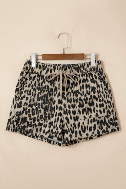 Brown Retro Leopard Print Lace-up Elastic Waistband Mid Rise Denim Shorts