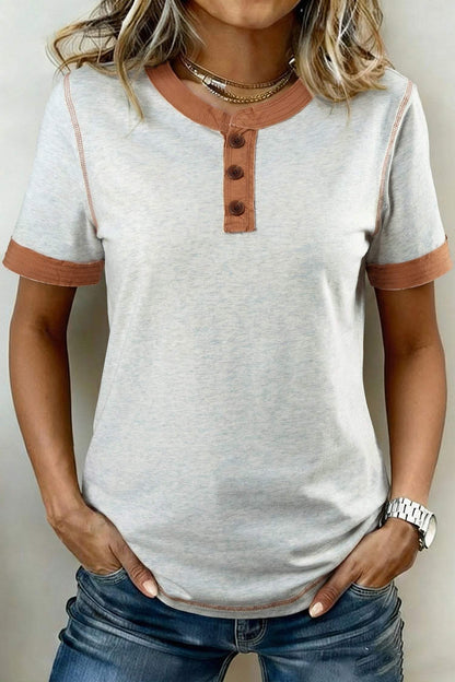 Light Grey Raw Seam Color Block Detail Buttoned Henley Tee