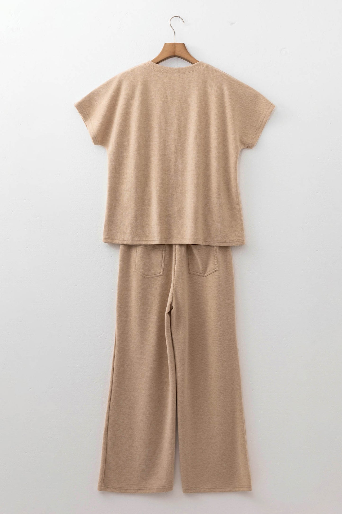 Light French Beige Short Sleeve Ribbed Top Wide Leg Pants Two Piece Set