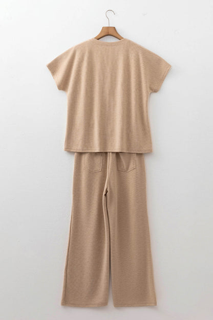 Light French Beige Short Sleeve Ribbed Top Wide Leg Pants Two Piece Set