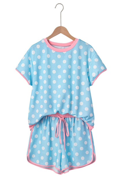 Sky Blue Polka Dot Contrast Edge Casual Short Set