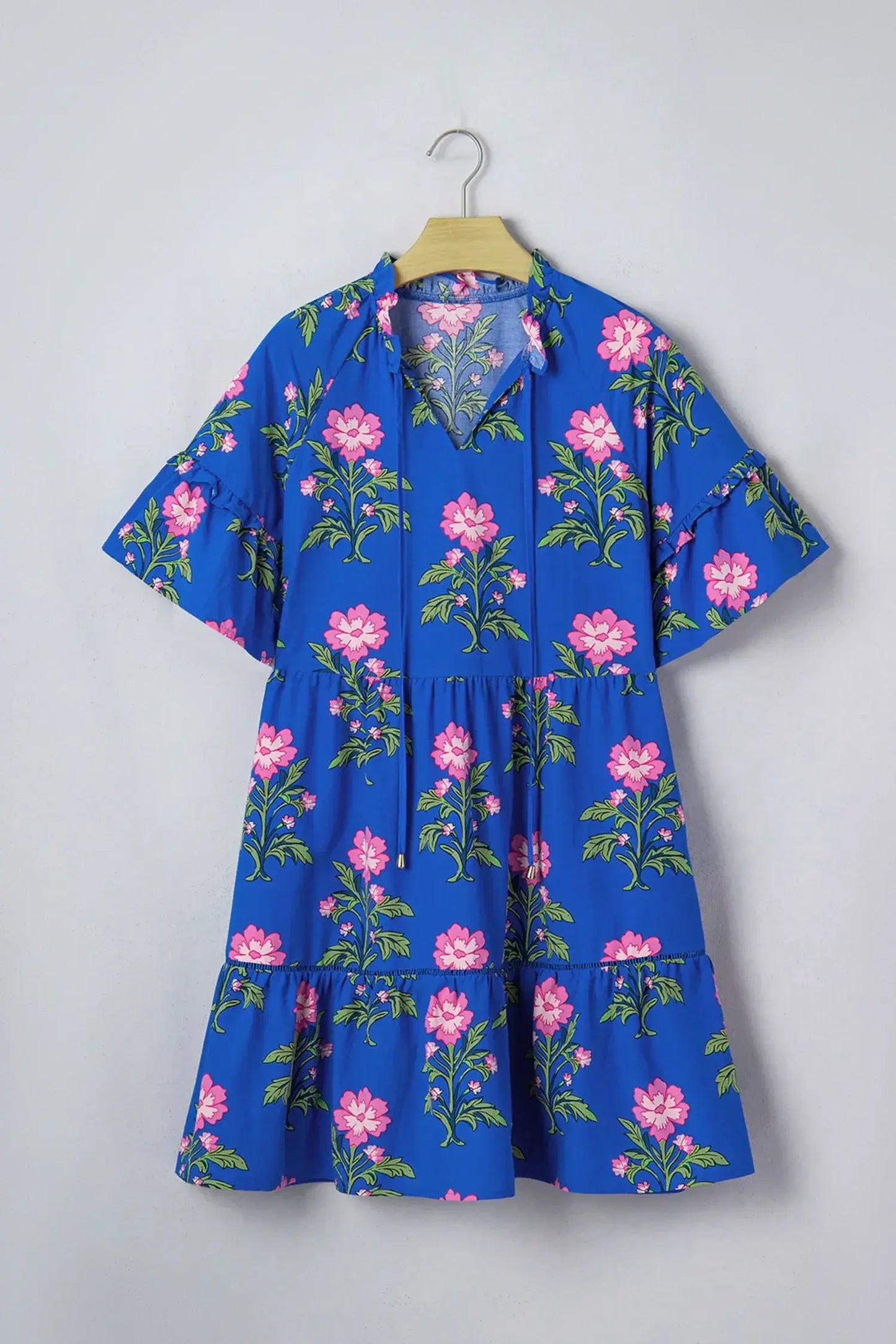 Blue V Neck Short Sleeve Loose Flower Dress - Sweet Fashion Wholesale