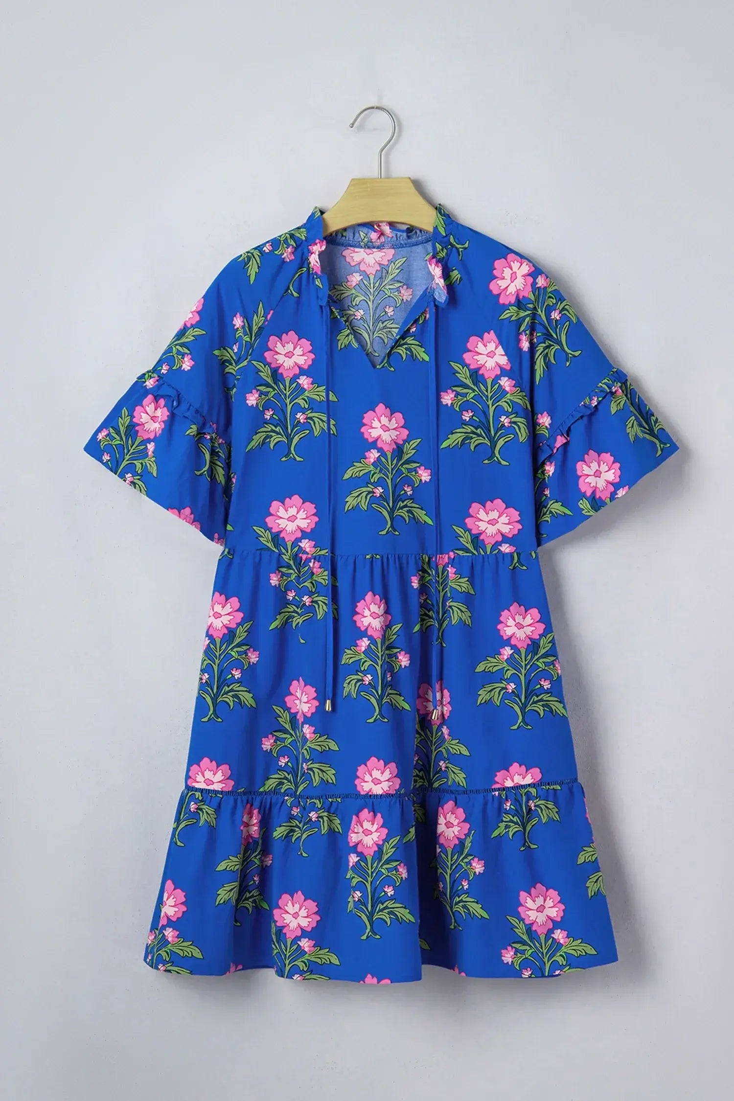 Blue V Neck Short Sleeve Loose Flower Dress - Sweet Fashion Wholesale