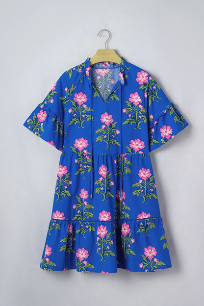 Blue V Neck Short Sleeve Loose Flower Dress - Sweet Fashion Wholesale