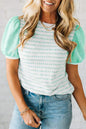 Green Striped Short Puff Sleeve Top