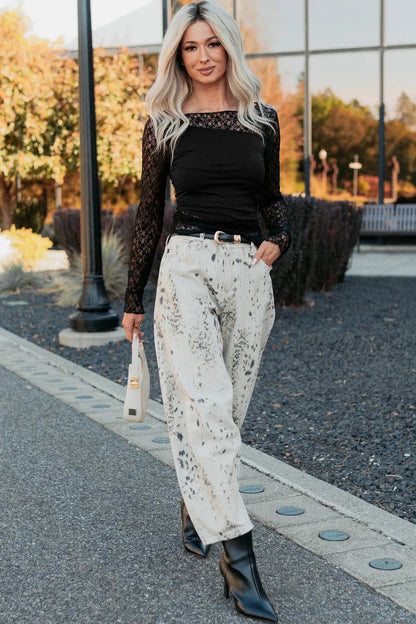 Black Asymmetric Panels Sheer Floral Lace Patchwork Long Sleeve Top - Sweet Fashion Wholesale