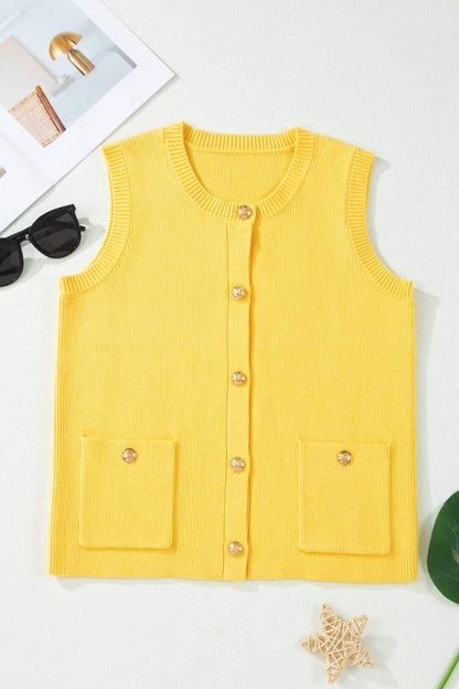 White Solid Color Sleeveless Knit Button Pocketed Sweater