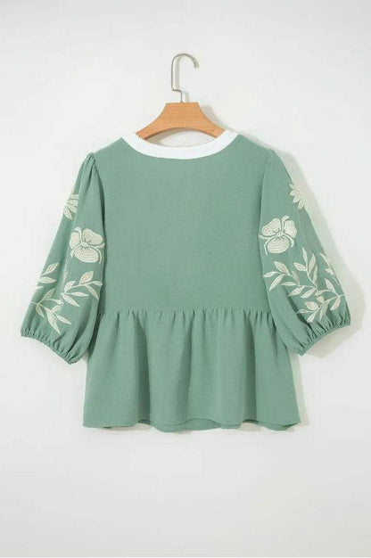 Smoke Green Color Block Patchwork V Neck Embroidered Puff Sleeve Babydoll Blouse