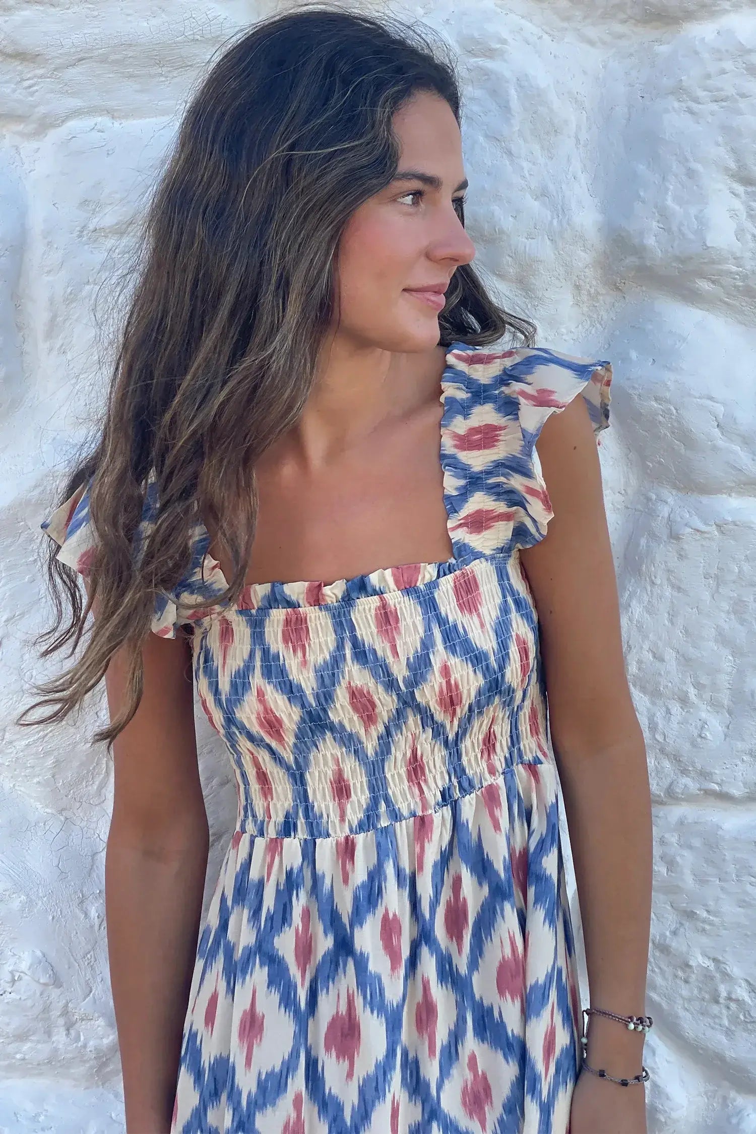 Sky Blue Ethnic Geometric Print Square Neck Smocked High Waist Ruffle Sleeve Dress - Sweet Fashion Wholesale