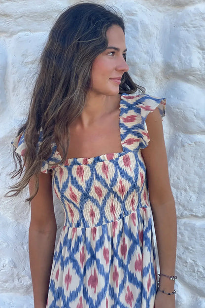 Sky Blue Ethnic Geometric Print Square Neck Smocked High Waist Ruffle Sleeve Dress - Sweet Fashion Wholesale