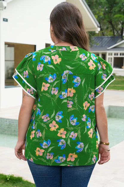 Green Plus Size Ruffled Short Sleeve Floral Top - Sweet Fashion Wholesale