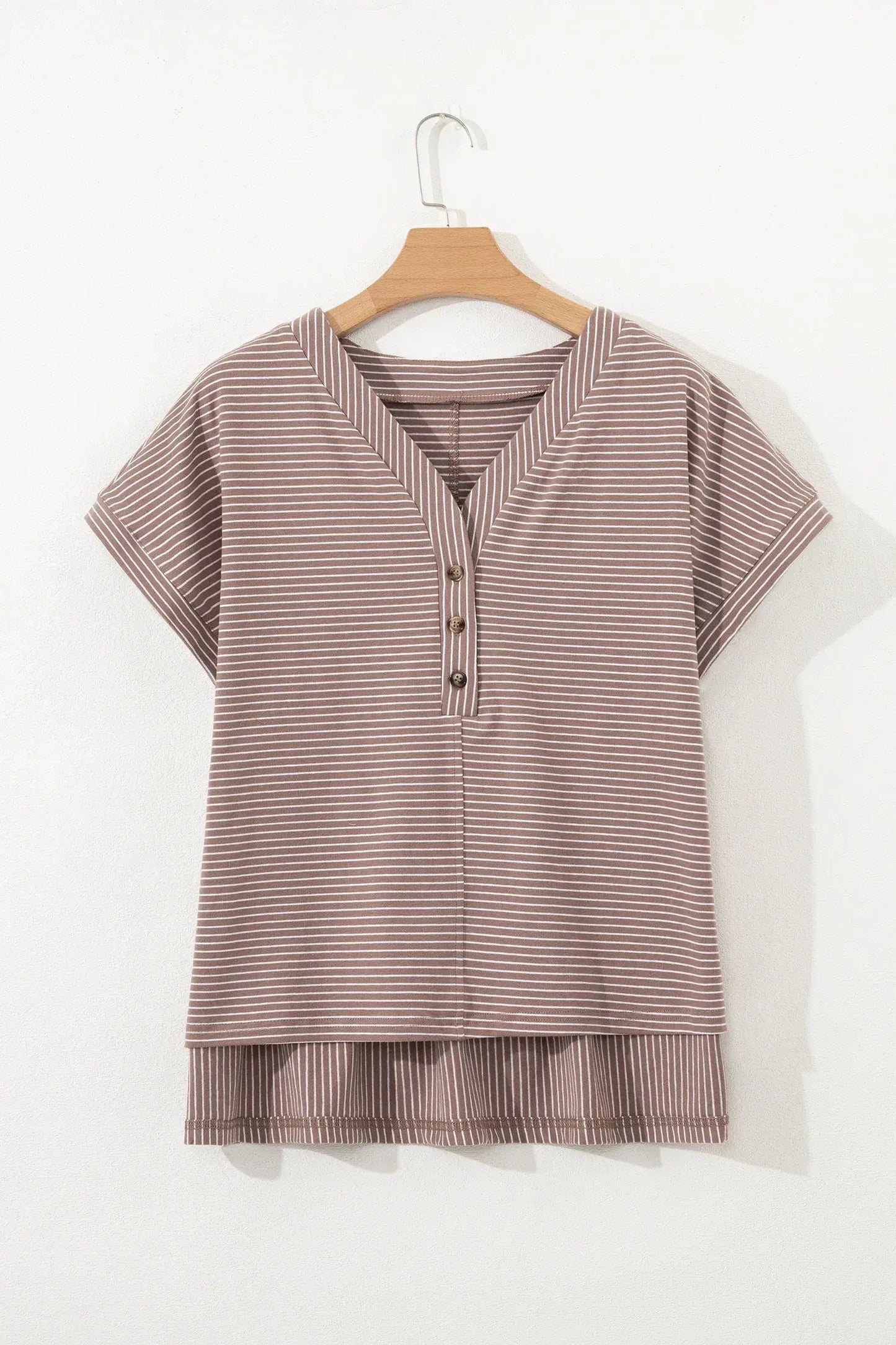 Khaki Stripe Buttoned V Neck High Low Side Slit T Shirt - Sweet Fashion Wholesale