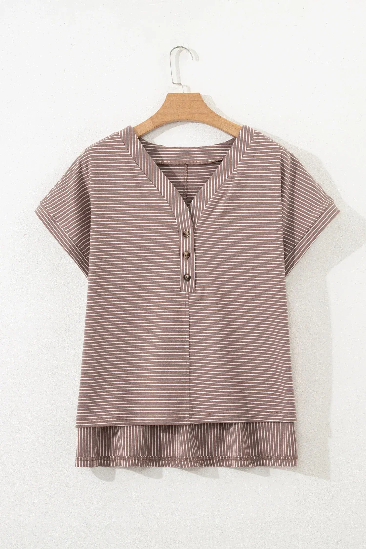 Khaki Stripe Buttoned V Neck High Low Side Slit T Shirt - Sweet Fashion Wholesale