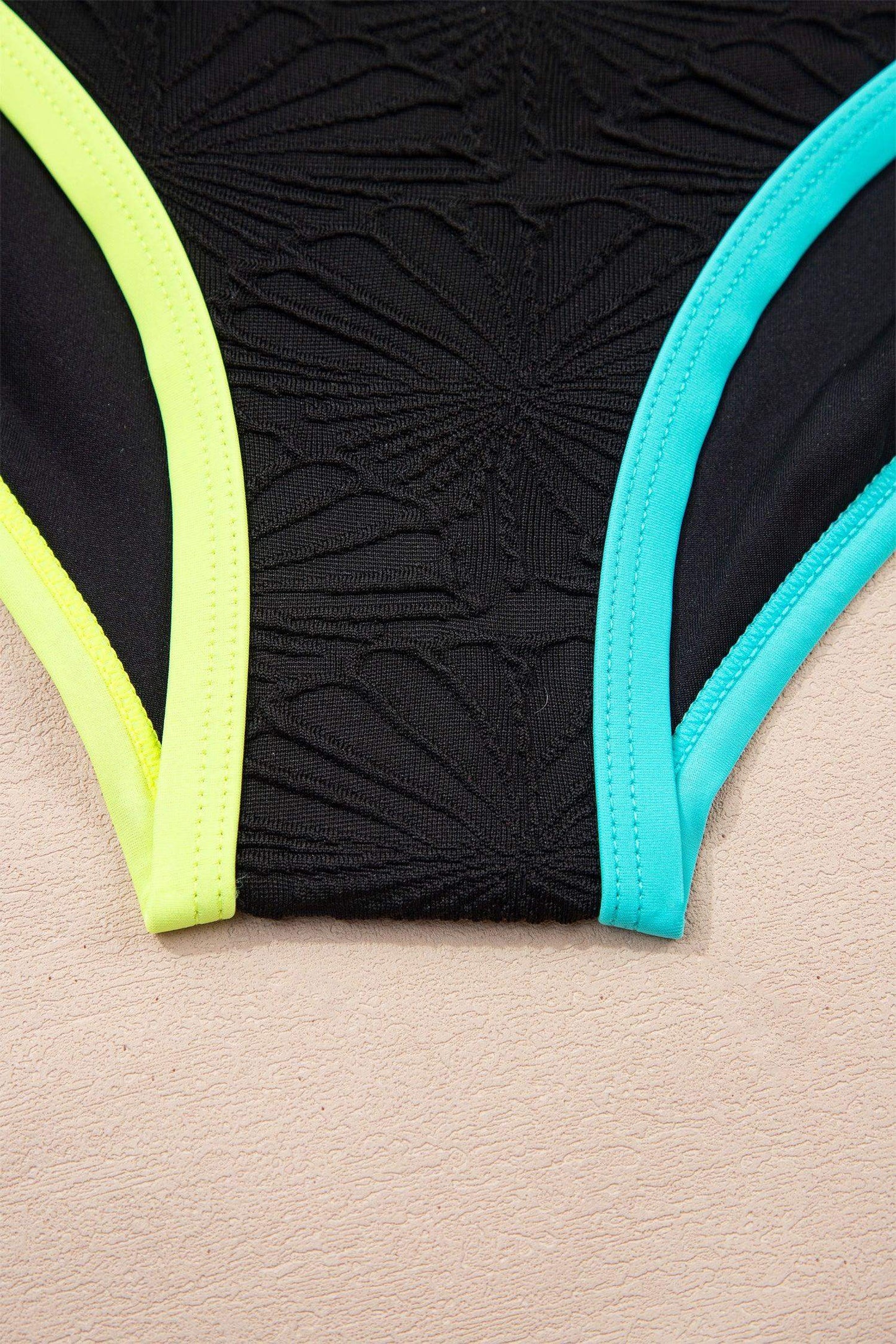 Black Floral Textured Neon Trim V Neck Crisscross Backless Tankini Set - Sweet Fashion Wholesale