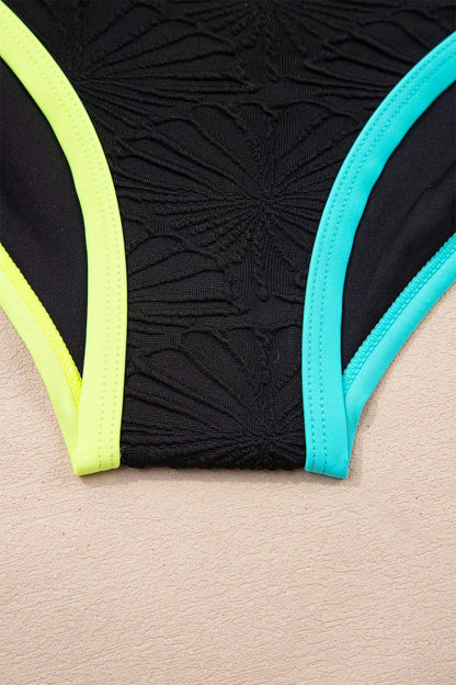 Black Floral Textured Neon Trim V Neck Crisscross Backless Tankini Set - Sweet Fashion Wholesale