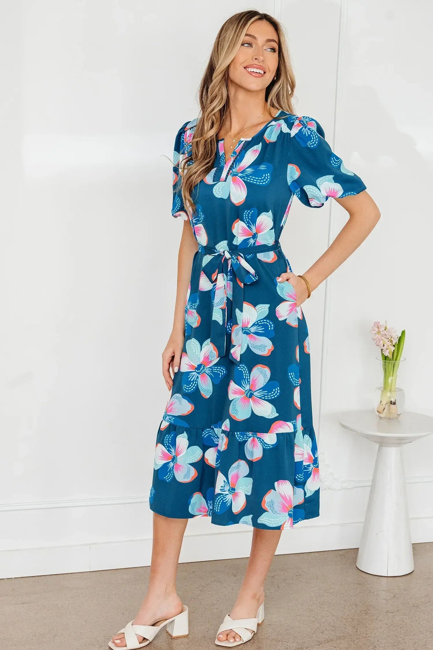 Blue Floral Print Short Puff Sleeve Ruffle Hem Belted Long Dress - Sweet Fashion Wholesale