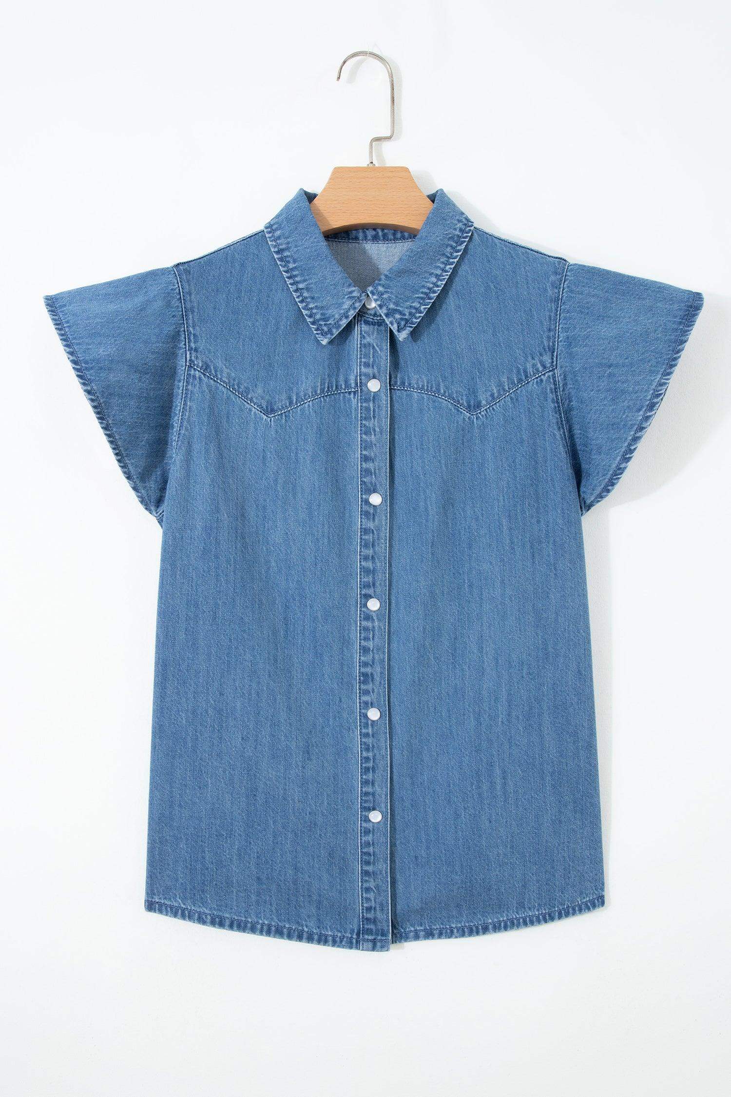 Dusk Blue Ruffled Short Sleeve Denim Shirt - Sweet Fashion Wholesale