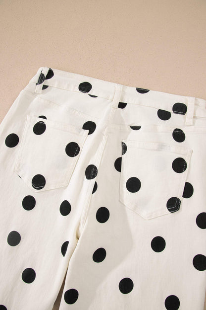 White Polka Dot Print Wide Leg Ankle-Length Jeans
