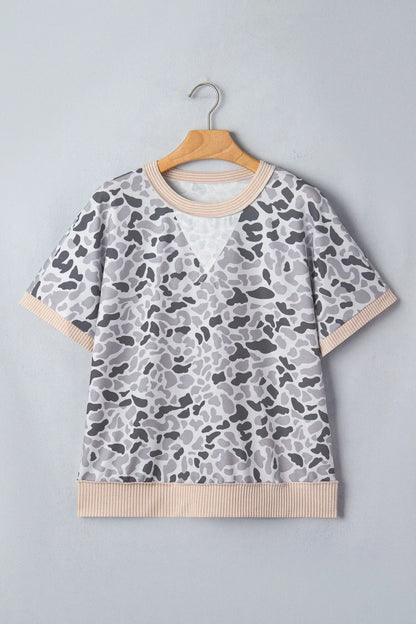Gray Camouflage Print Twisted Ribbed Patchwork Casual T Shirt - Sweet Fashion Wholesale