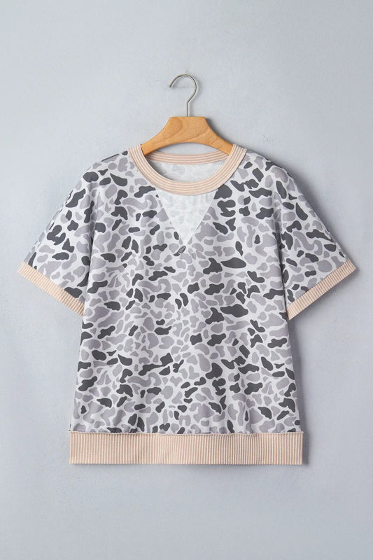 Gray Camouflage Print Twisted Ribbed Patchwork Casual T Shirt - Sweet Fashion Wholesale