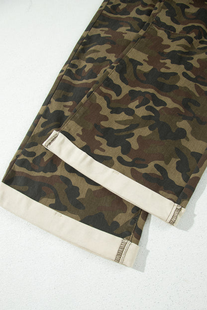 Multicolour Camouflage Print Retro Grommet Tie Waist Loose Jeans