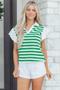 Green Stripe Collar V Neck Ruffled Short Sleeve Blouse - Sweet Fashion Wholesale