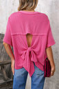 Rose Red Spiral Ribbed Cutout Bow Knot Back Oversize T Shirt - Sweet Fashion Wholesale