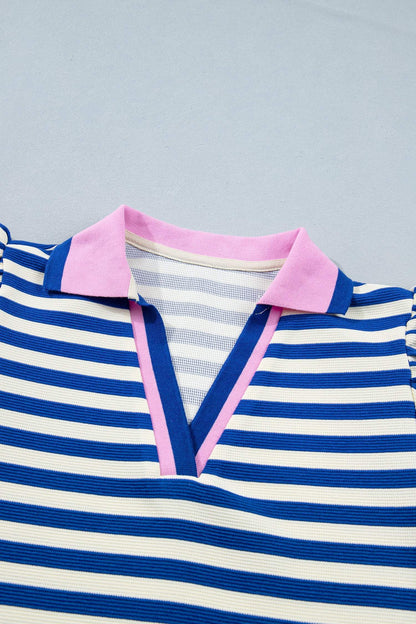 Rose Stripe Contrast Trim Polo Collar Ruffled Short Sleeve Blouse