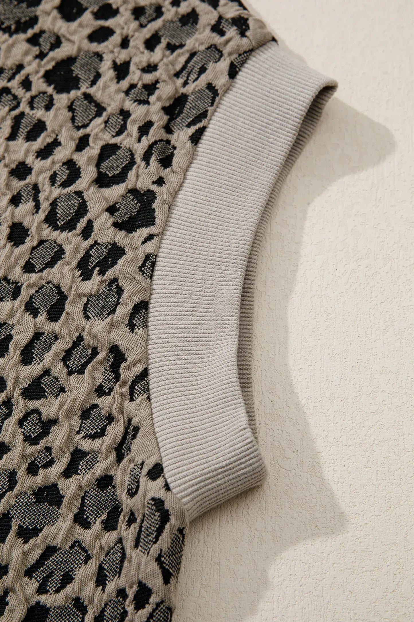 Beige Zip up Collared Leopard Cap Sleeve Top - Sweet Fashion Wholesale