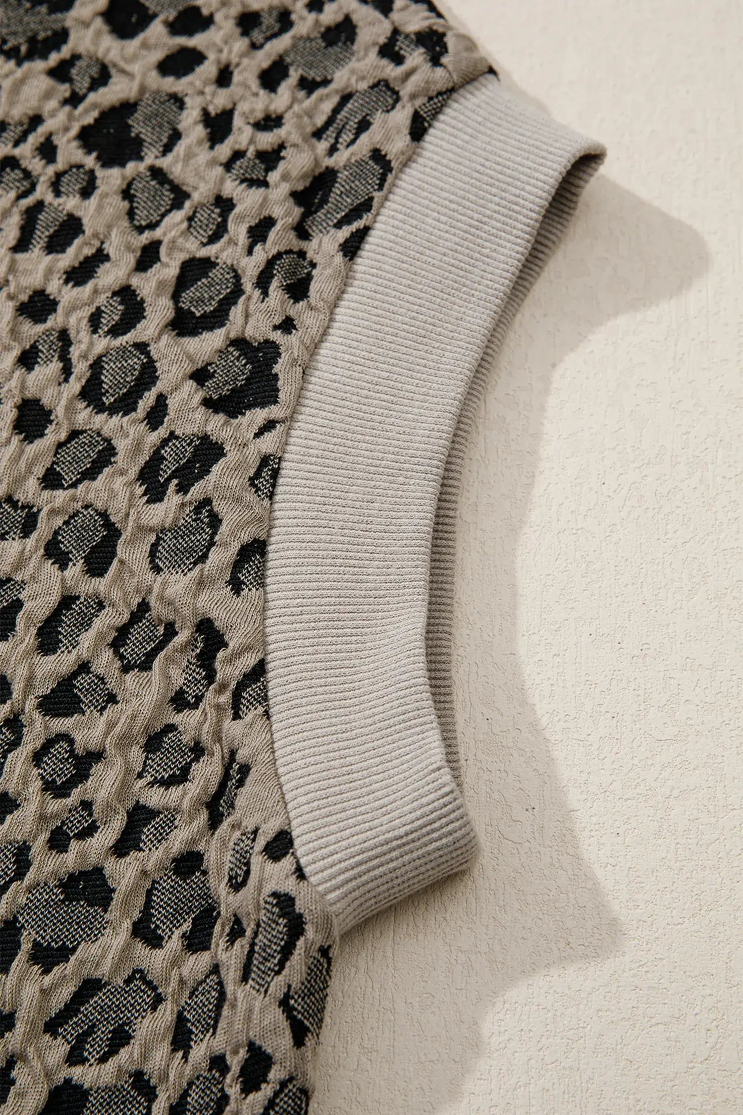 Beige Zip up Collared Leopard Cap Sleeve Top - Sweet Fashion Wholesale