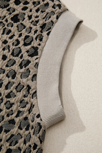 Beige Zip up Collared Leopard Cap Sleeve Top - Sweet Fashion Wholesale