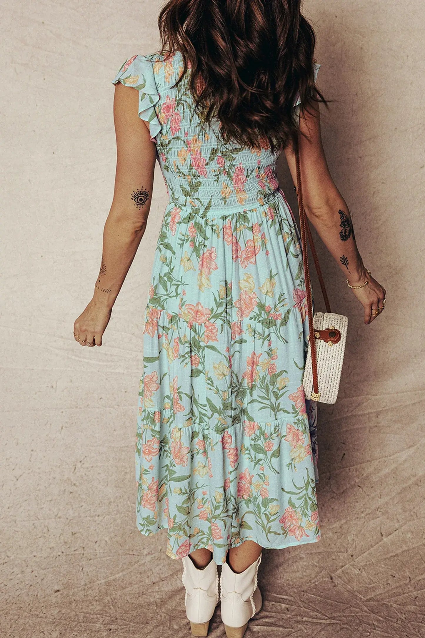 Yellow Smocked Bodice Ruffled Sleeveless Tiered Floral Maxi Dress - Sweet Fashion Wholesale