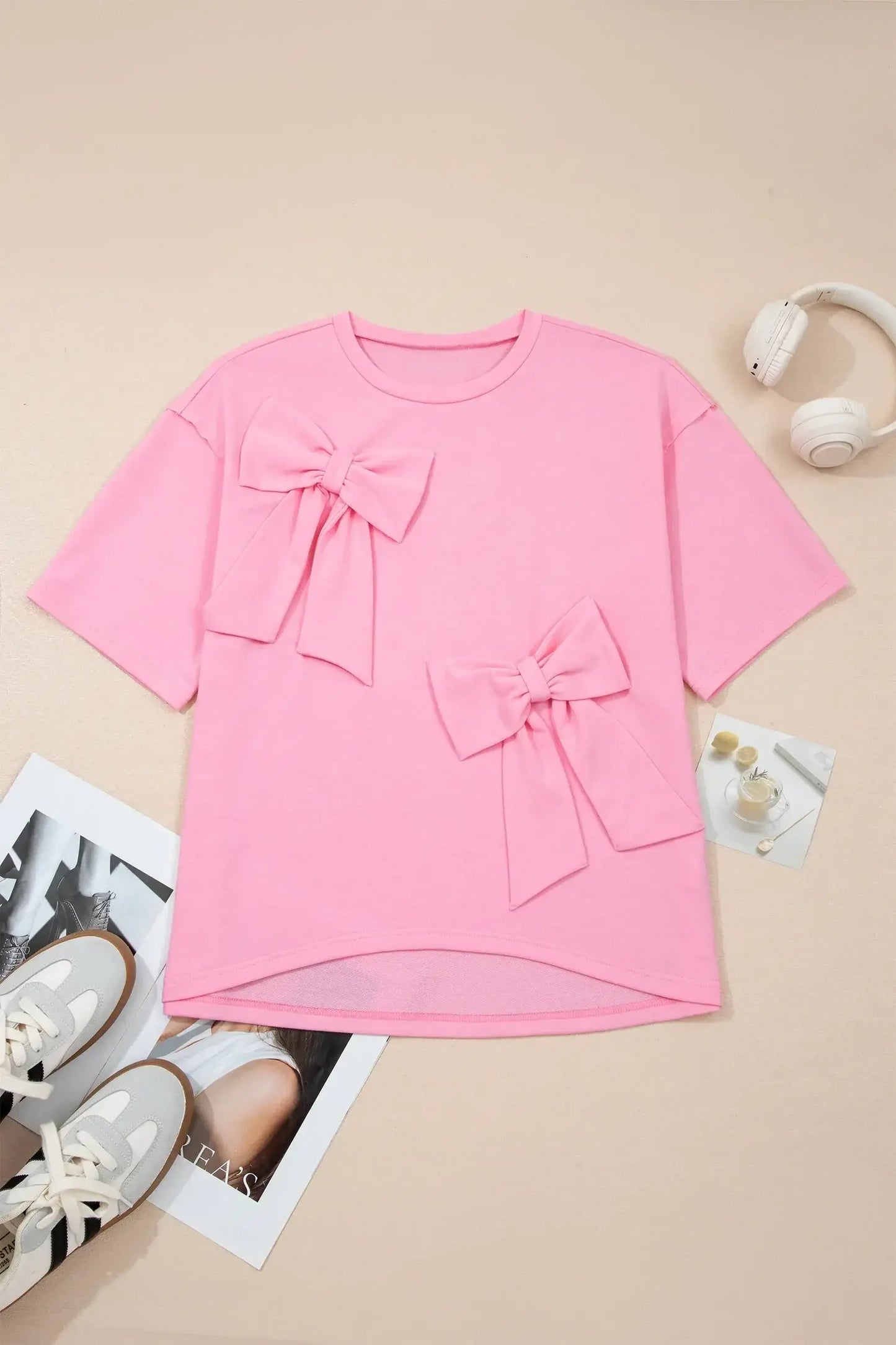 Pink Solid Color Raw Edge Bow Patch Loose T Shirt - Sweet Fashion Wholesale