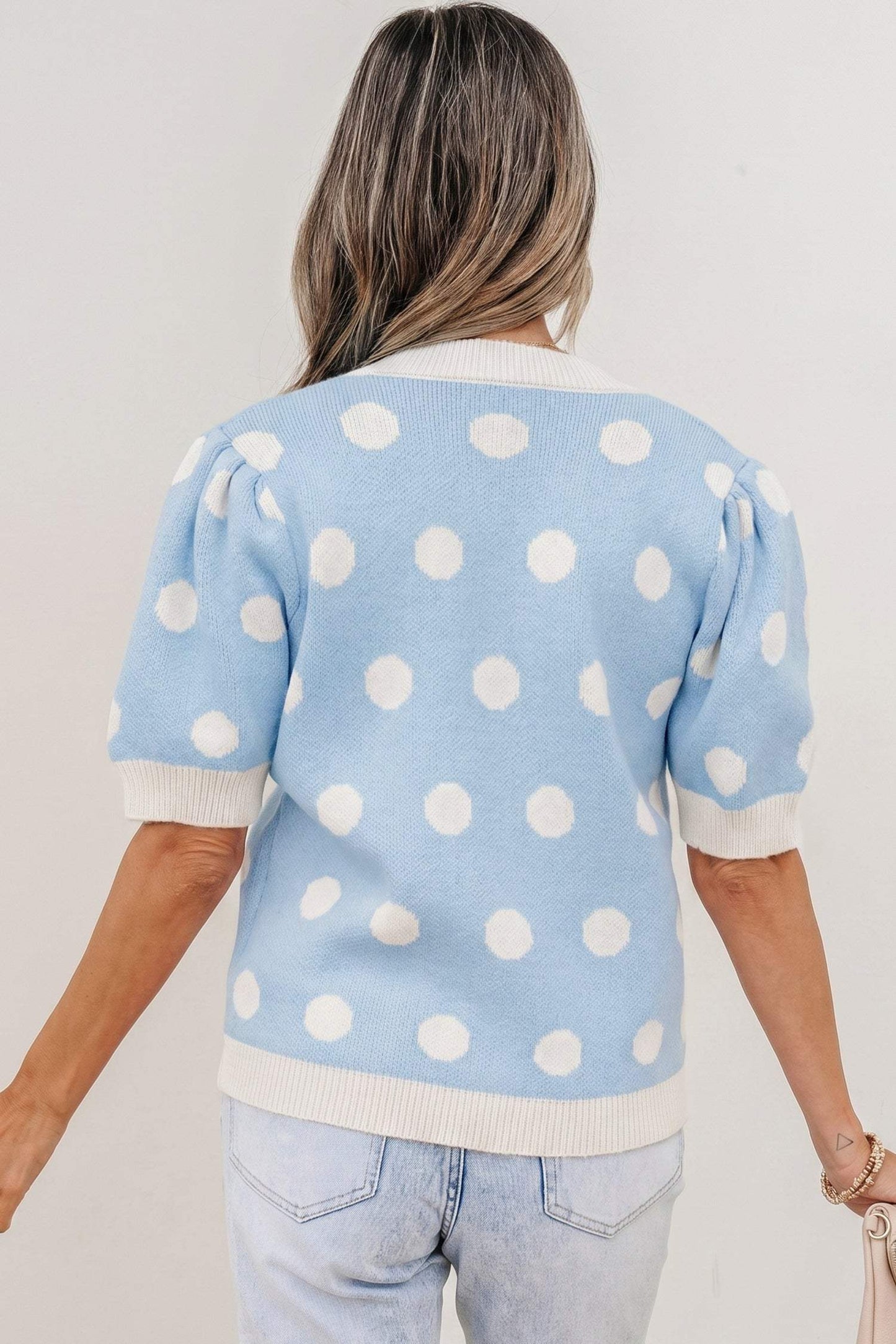 Pink Polka Dot Puff Short Sleeve Sweater Top