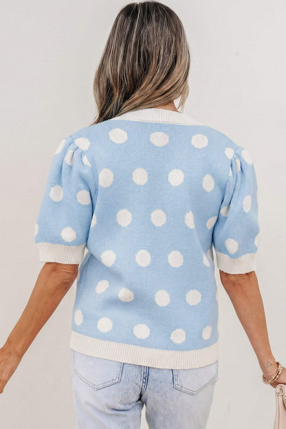 Pink Polka Dot Puff Short Sleeve Sweater Top